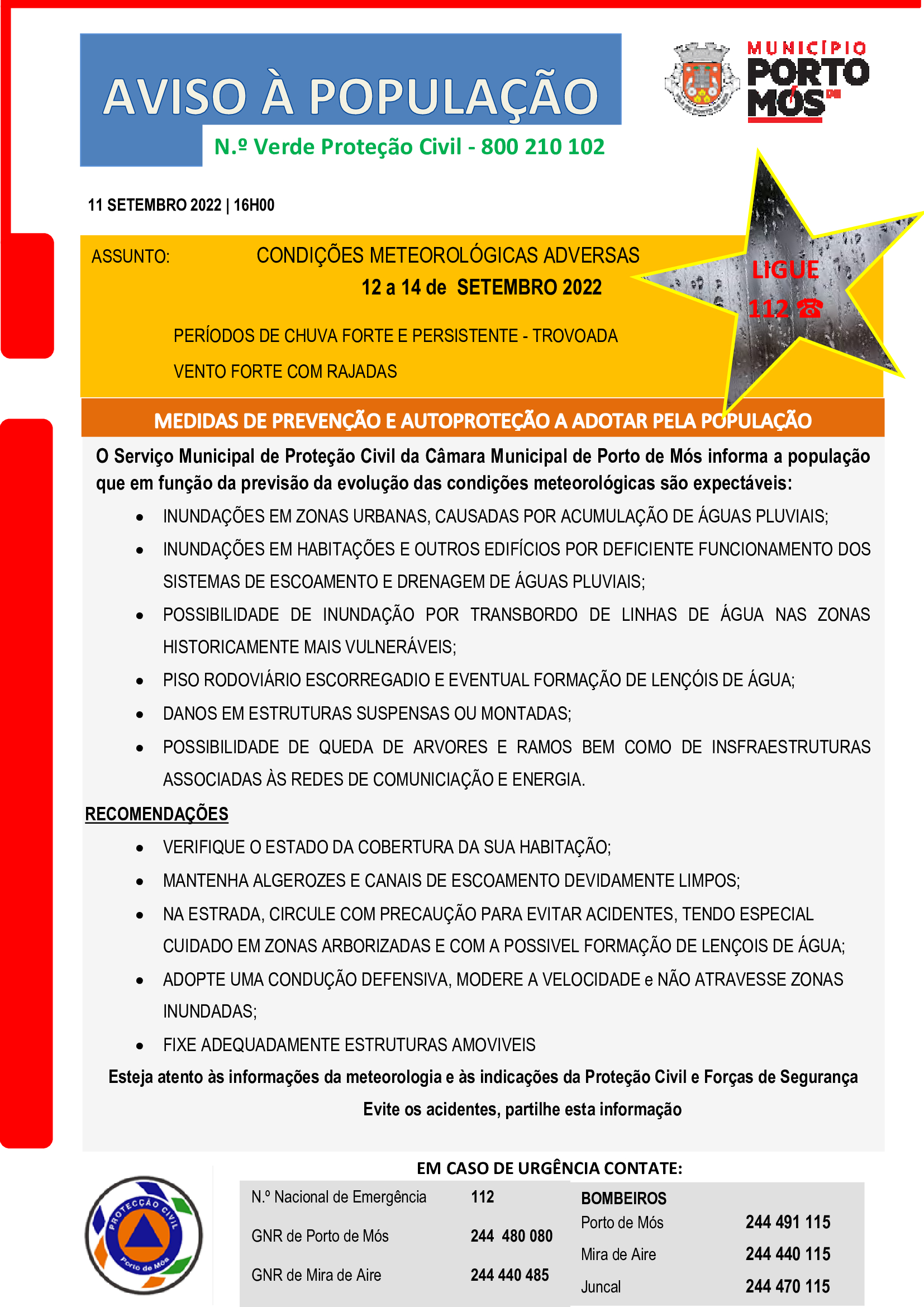 Imagem Aviso à População - Medidas de prevenção e autoproteção a adotar pela população