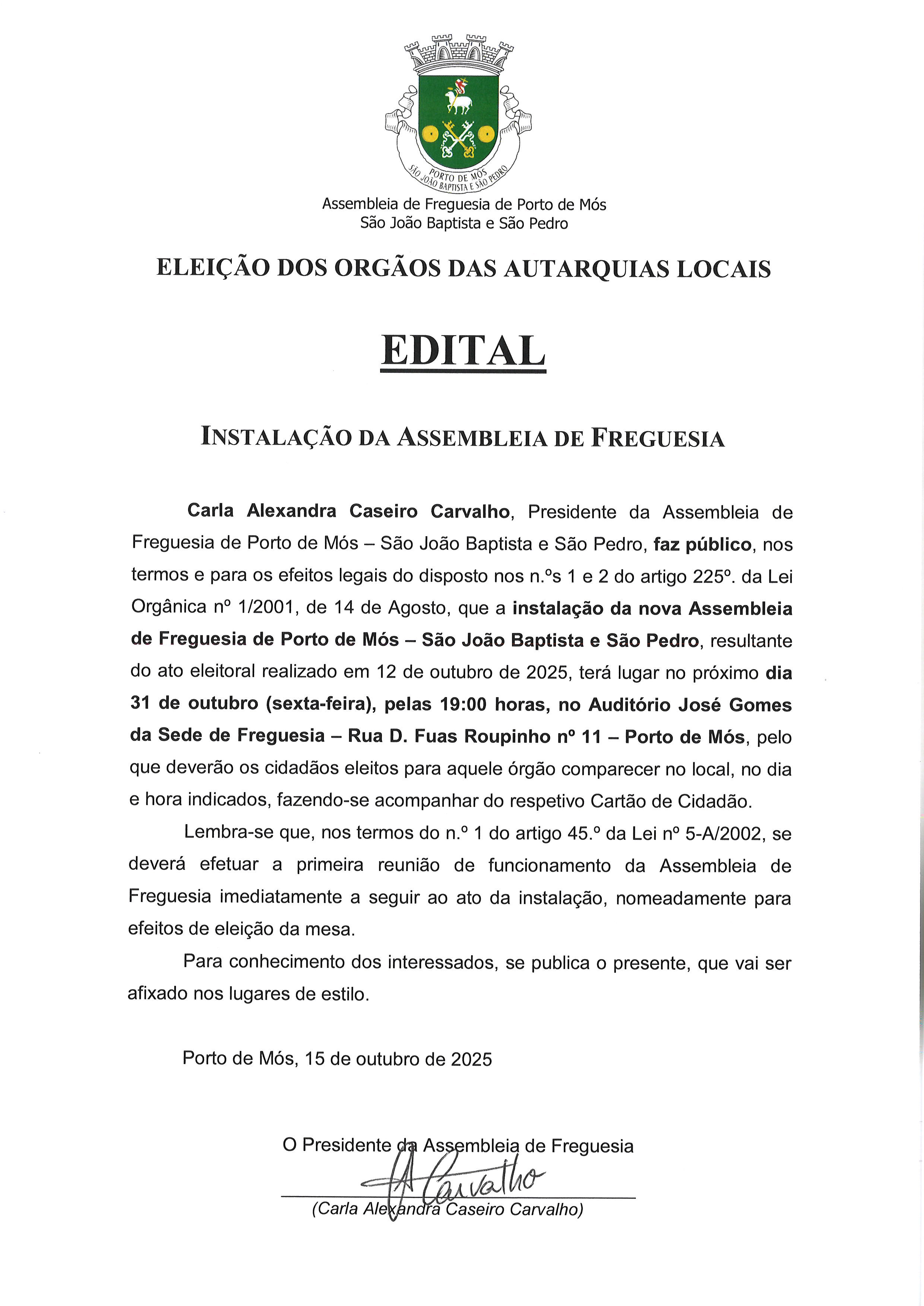 Imagem EDITAL _ Ato de Instalação da Assembleia de Freguesia de Porto de Mós - São João Baptista e São Pedro