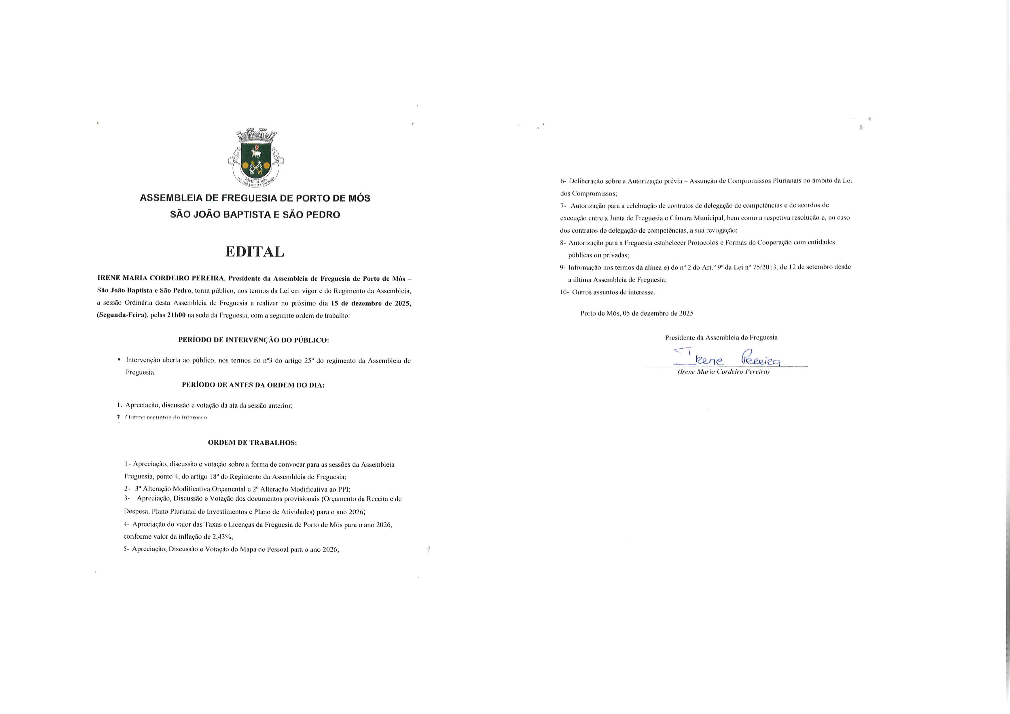 Notícia Edital - Sessão Ordinária Assembleia de Freguesia de Porto de Mós - São João Baptista e São Pedro | 15 de dezembro de 2025