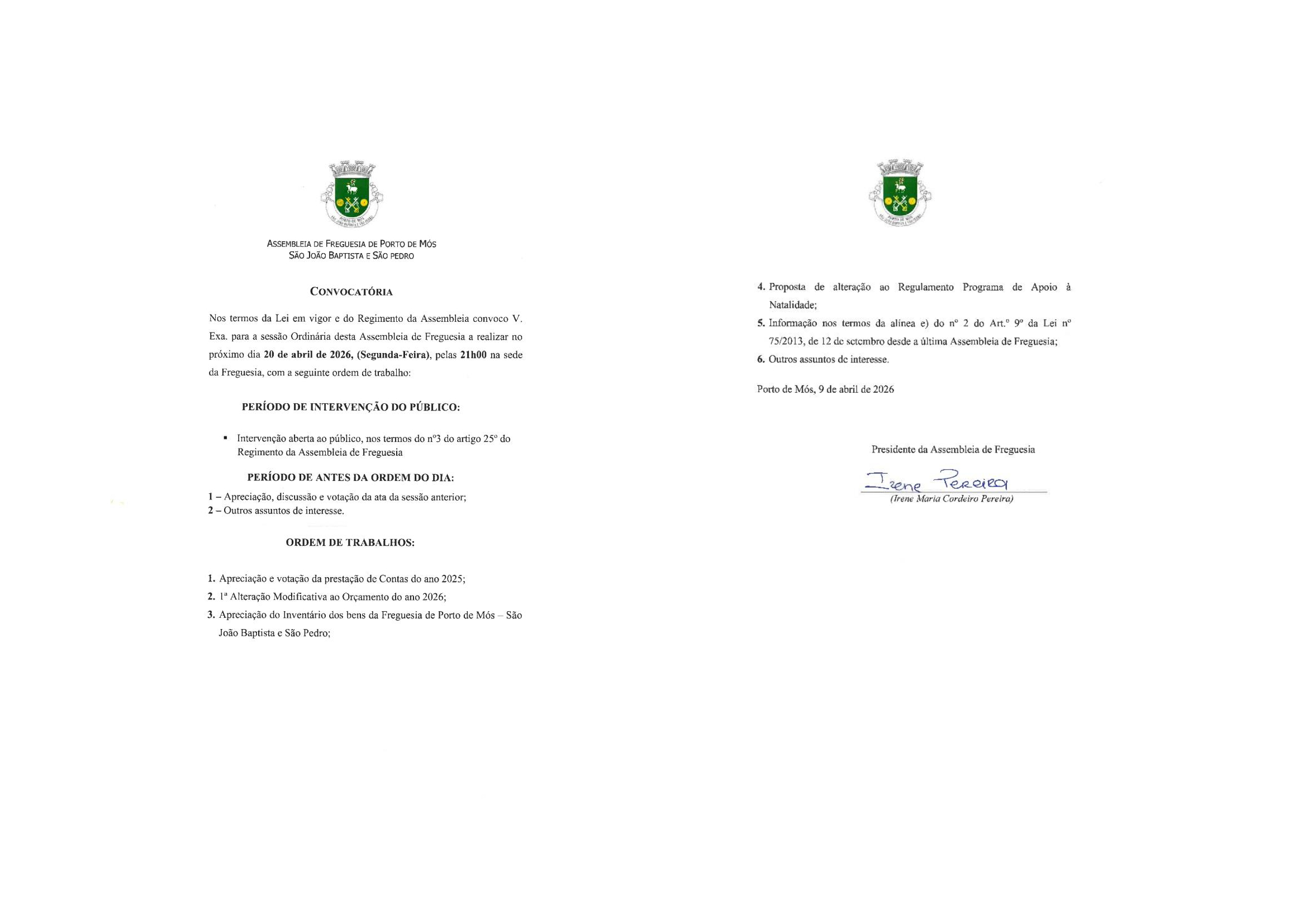 Notícia Convocatória - Sessão Ordinária Assembleia de Freguesia de Porto de Mós - São João Baptista e São Pedro | 20 de Abril de 2026 | 21h00